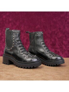Karl Lagerfeld Paris Women Breck Black Leather Stud Festival Moto Boots sz 6